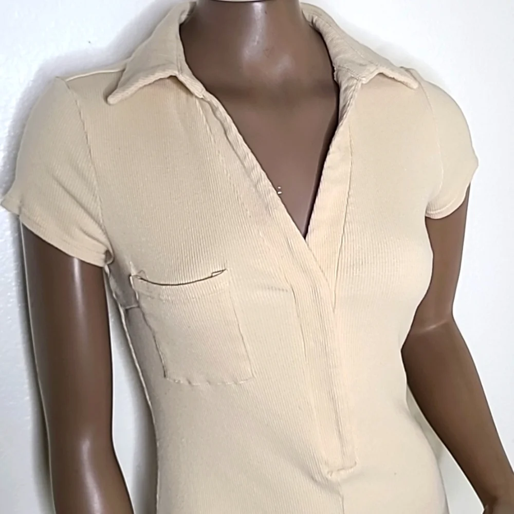 Urban Outfitters Romper Size Small Light Beige Ribbed Stretch Bodycon Casual Fun - Picture 3 of 6